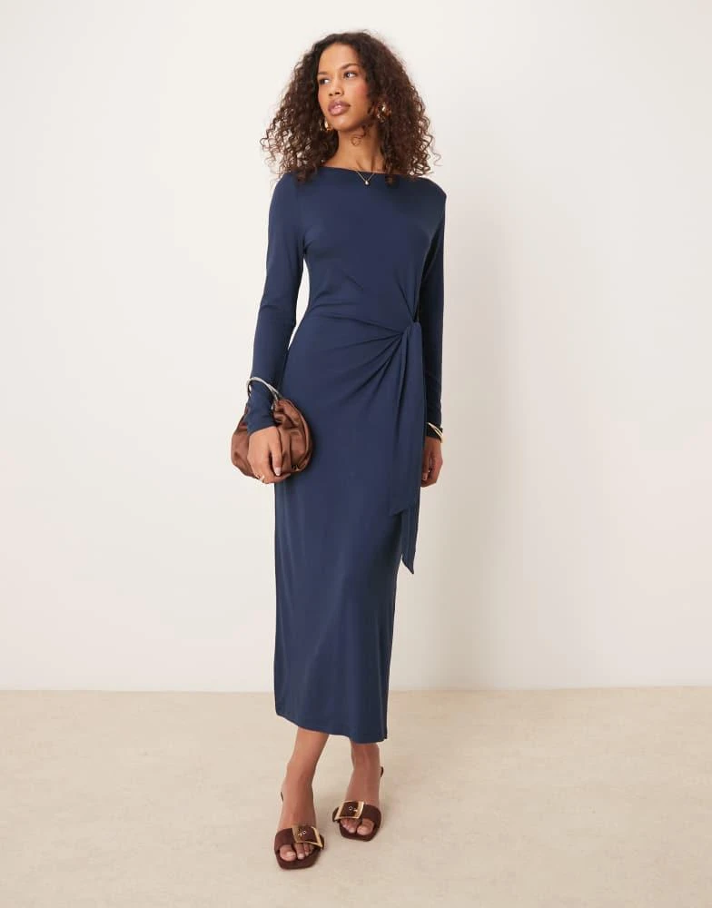 Nobody's Child Dakota knot detail long sleeve midi dress in navy  On Sale  Now with Up to 26% Off | Discover Exclusive Deals & Savings at BeyondStyle   Authentic Nobody's Child