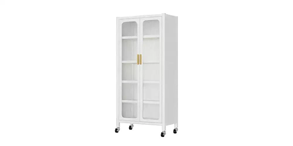 Flynama 65inch Kitchen Pantry Storage Cabinet 6 Tier Metal Display Cabinet with Transparent Door Adjustable Shelves Wheels White 3