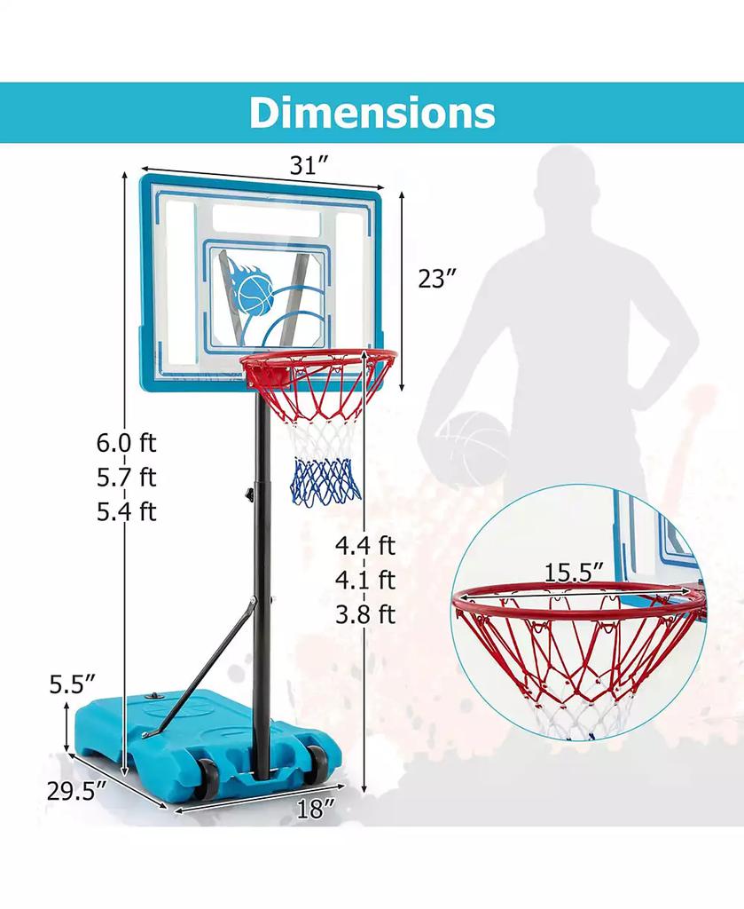 Costway Pool Basketball Hoop 3.8-4.4 FT Adjustable Poolside BasketballGoal System