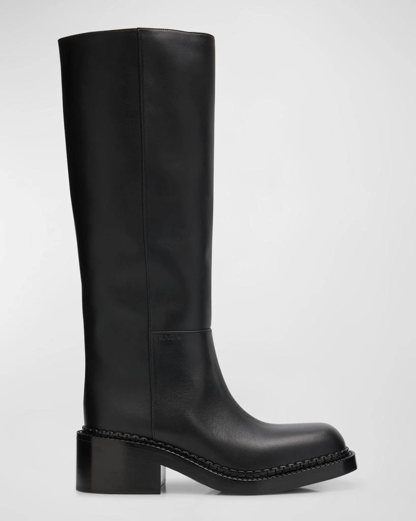 Prada Leather Square-Toe Tall Moto Boots 1