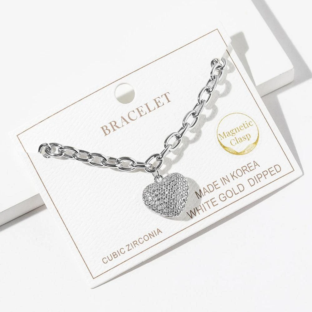 FASHNZFAB White Gold Dipped CZ Stone Paved Puffy Heart Charm Magnetic Chain Bracelet