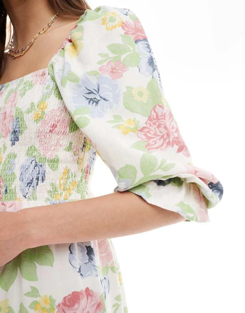 New Look New Look floral shirred long sleeve dress in cream 4