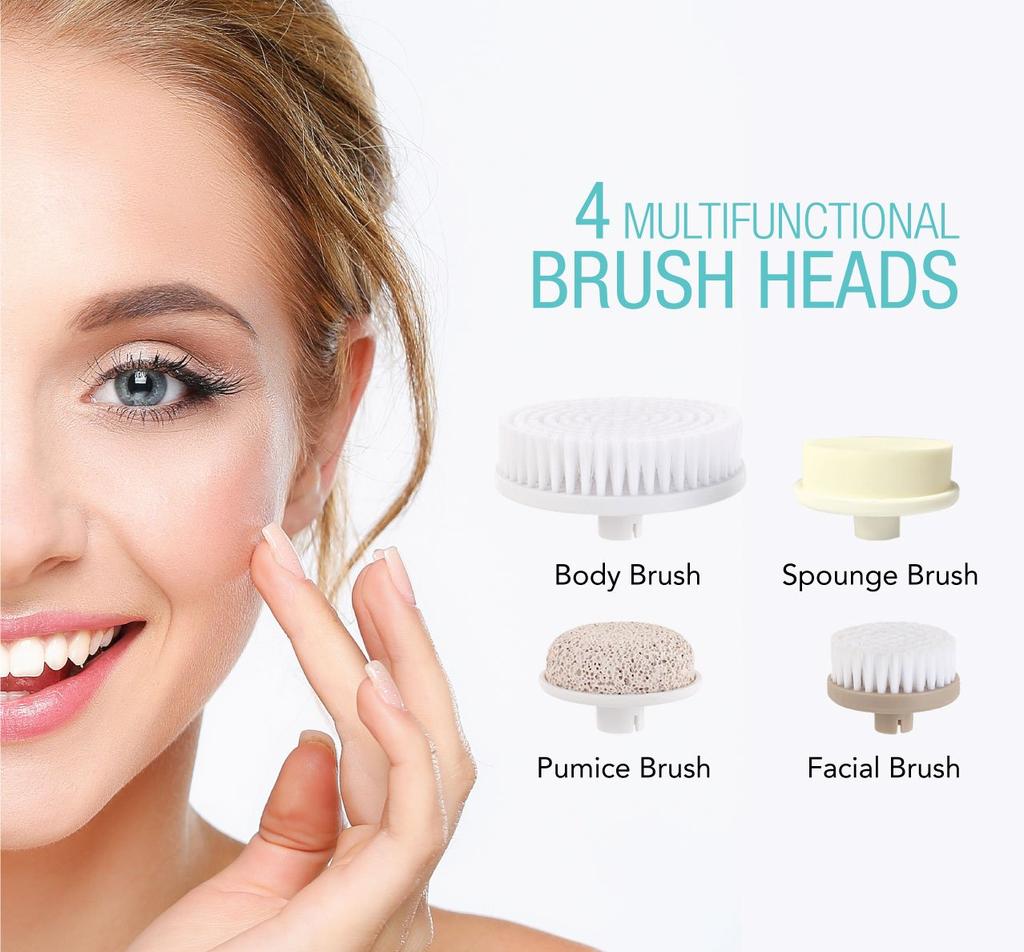 PURSONIC Advanced Facial and Body Cleansing Brush for Removing Makeup & Exfoliating Dead Skin - Includes 4 Multifunction Brush Heads: Facial, Body, Pumice Stone and Sponge (Purple)