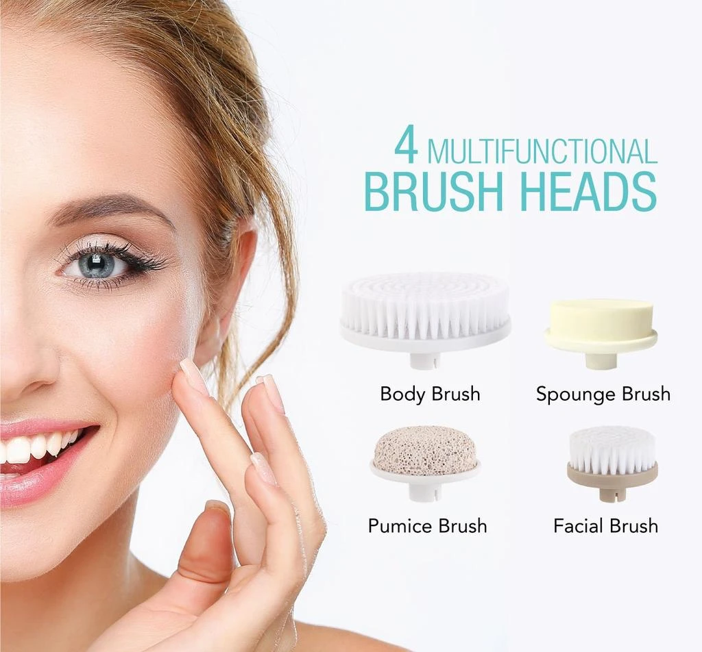 PURSONIC Advanced Facial and Body Cleansing Brush for Removing Makeup & Exfoliating Dead Skin - Includes 4 Multifunction Brush Heads: Facial, Body, Pumice Stone and Sponge (Purple) 2