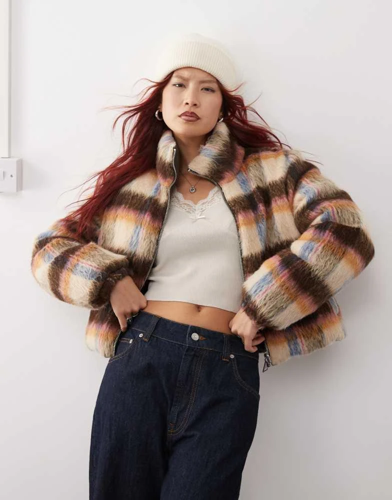 Monki Monki reversible padded jacket in hairy brown check 1