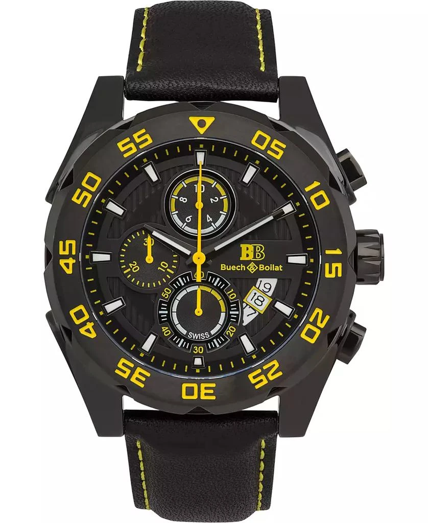 Buech & Boilat Torrent Men's Chronograph Watch Black Leather Strap, Black and Yellow Dial, 44mm 1