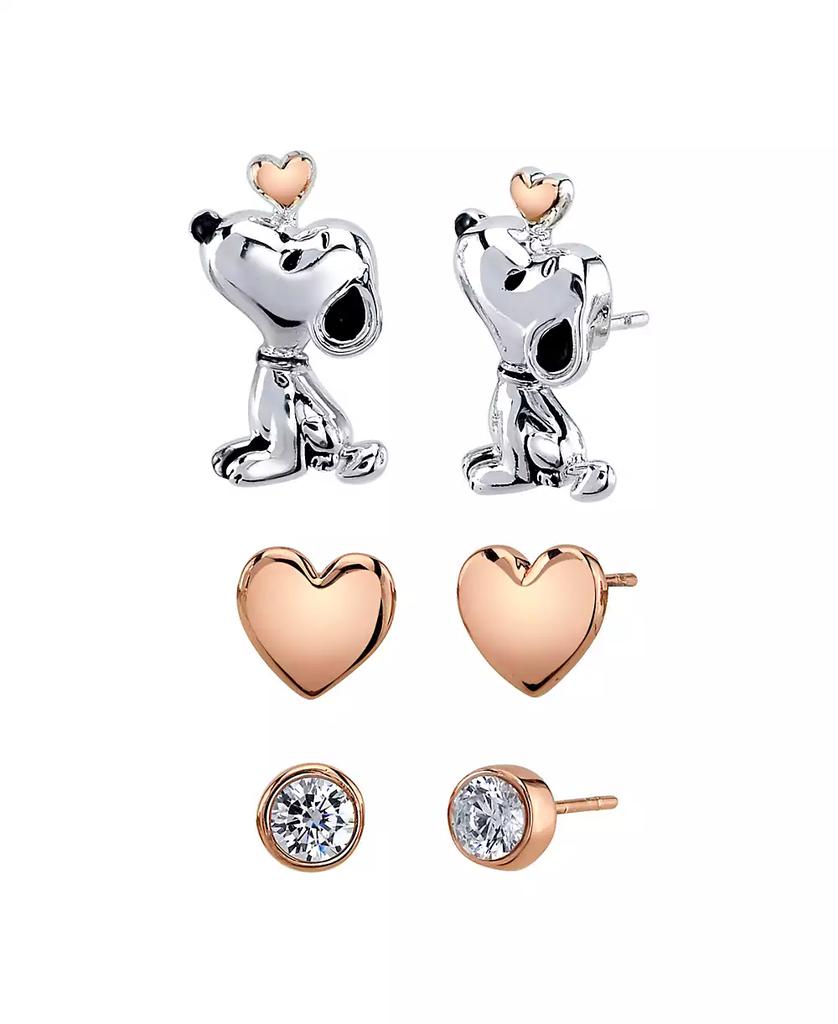 Peanuts Unwritten Three Pair Silver Plated Snoopy Earring Set with Rose Gold Heart and CZ Bezel Stud
