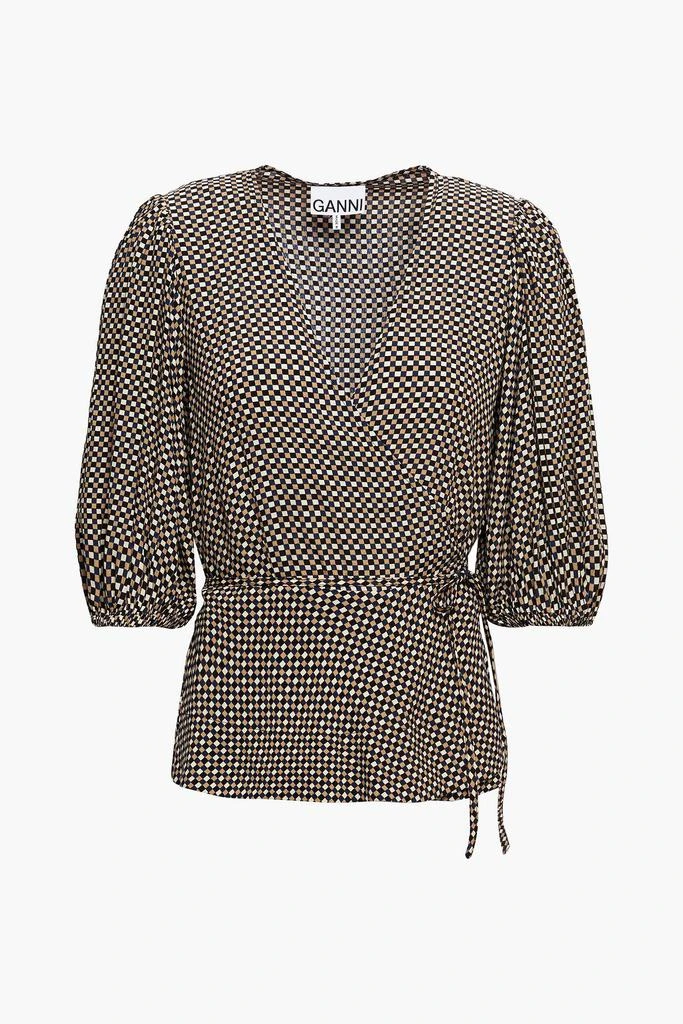 Ganni Checked crepe wrap top 1