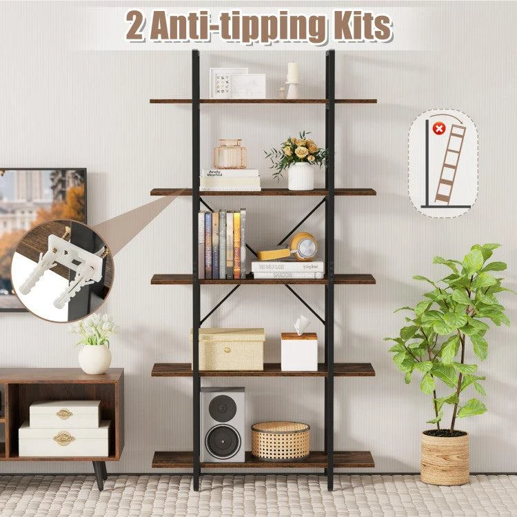 Hivvago 5-Tier 62 Inch Tall Vintage Industrial Bookcase with Open Storage Shelves-Rustic Brown 5