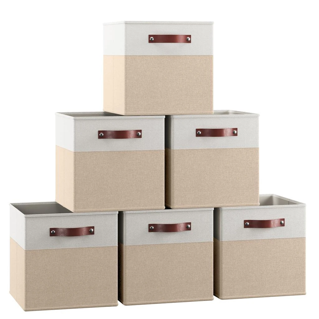 Ornavo Home Foldable Linen Storage Cube Bin with Leather Handles - Set of 6 6