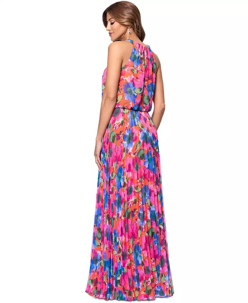 XSCAPE Women's Floral Chiffon Pleated Halter Gown 4