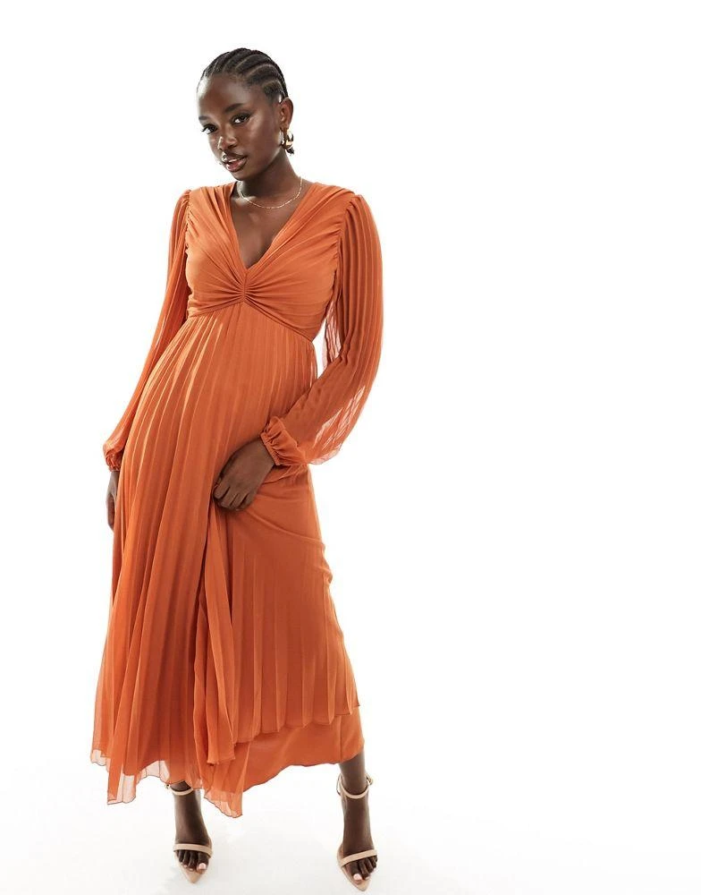 ASOS ASOS DESIGN pleated bodice plunge neck midi dress in rust 1