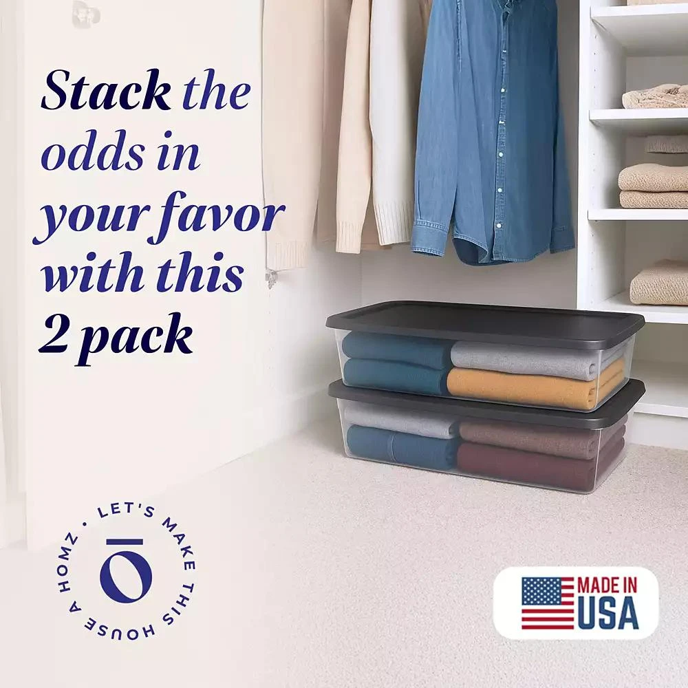 Homz 41 Quart Stackable Plastic Storage Containers with Snap-Close Lid, (2 Pack 2