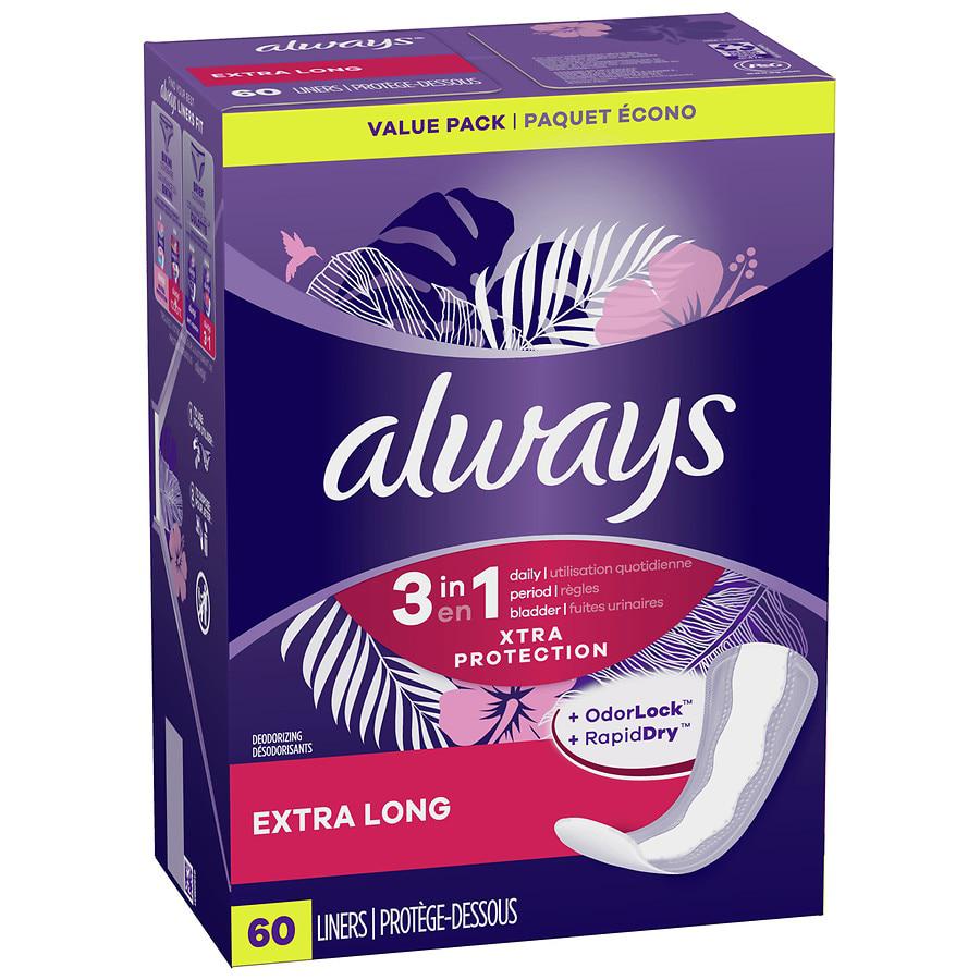 Always Xtra Protection 3-in-1 Daily Liners for Women Scented, Extra Long Length (60 ct)