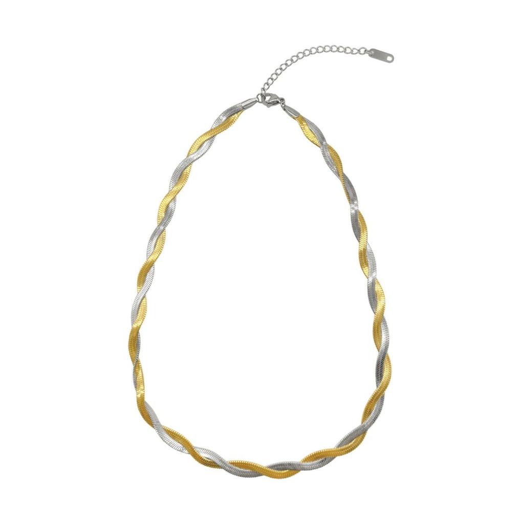 ADORNIA Tarnish Resistant 14k Gold Plated Interlaced Gold and Silver Herringbone Chain Necklace