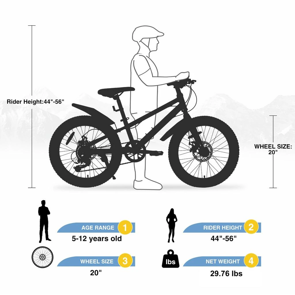 Streamdale Furniture Streamdale 20 Inch Kids Bicycles, Fat Tire Mountain Bike for Boys and Girls Age 5 + Years, Dual-Disc Brake, Shimano 7-Speed 3