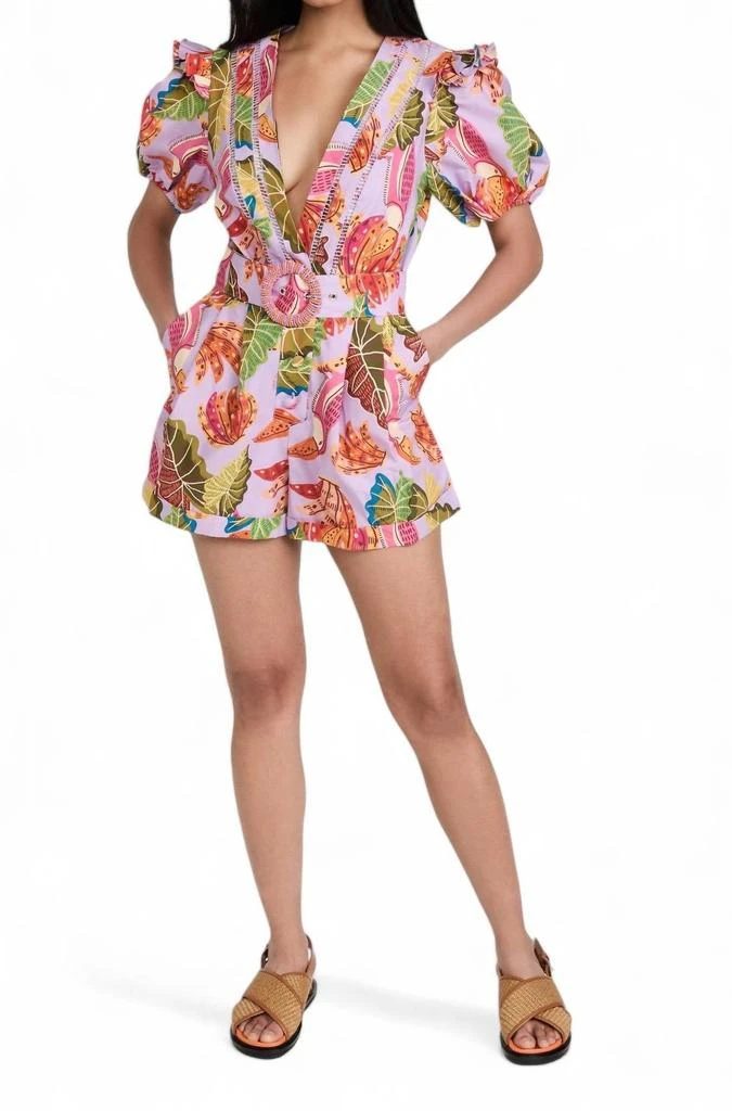 Farm Rio Lilac Beaks & Bananas Romper In Purple & Orange 4