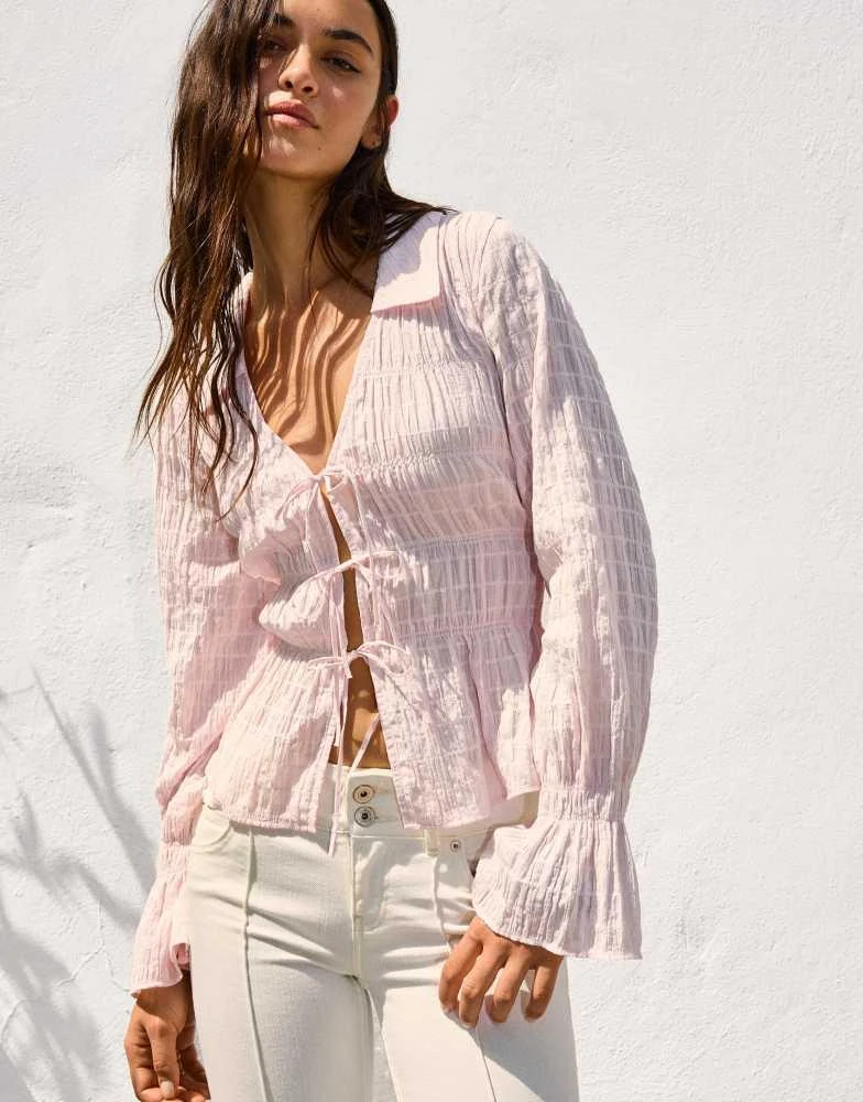 Bershka Bershka rustic gathered shirt in pink 3