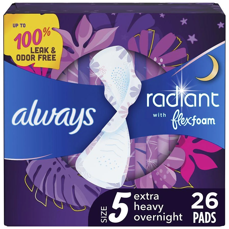 Always FlexFoam Pads, with Wings Lightly Scented, Size 5, Extra Heavy Overnight Absorbency