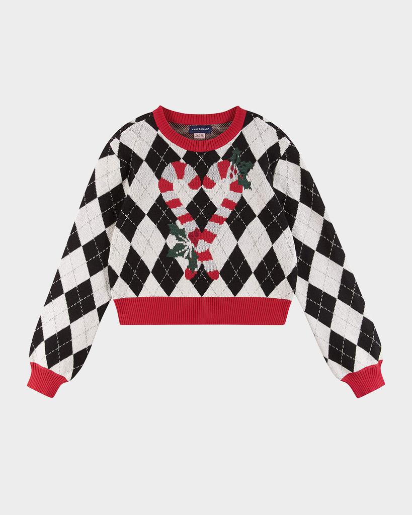 Andy & Evan Girl's Argyle Cropped Sweater W/ Candy Cane Graphic, Size 7-16