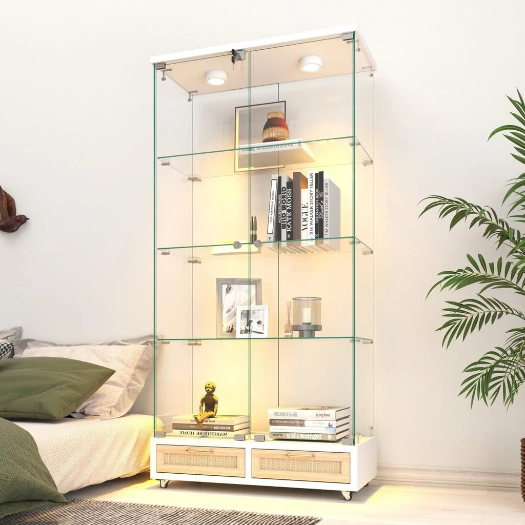Streamdale Furniture Streamdale Modern Glass Display Cabinet w/ Drawers
LED Lights, White/Natural