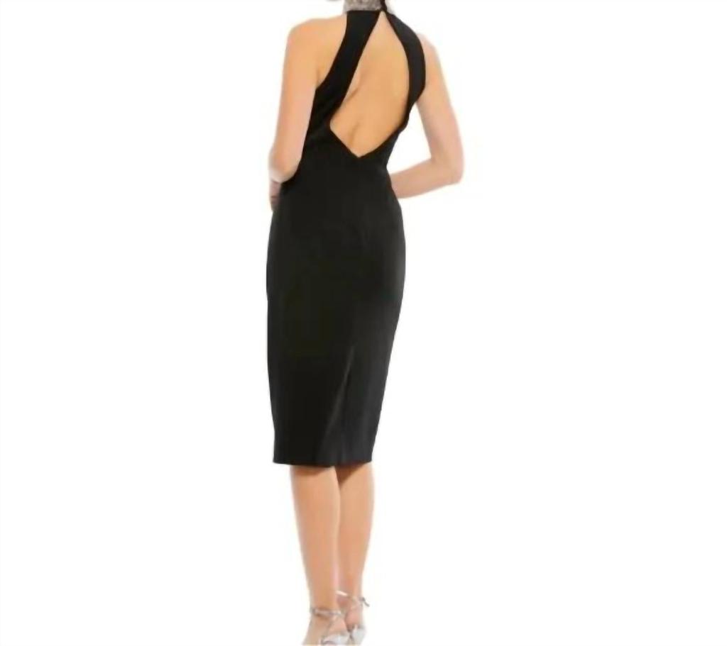 Ieena for Mac Duggal Open Back Jewel Neck Halter Midi Dress In Black