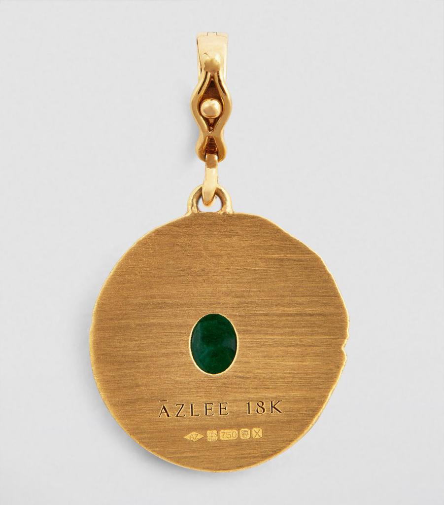 Azlee Small Yellow Gold, Diamond and Emerald Greek Pattern Coin Charm