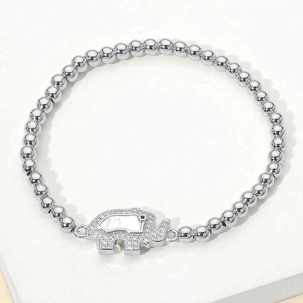 FASHNZFAB Stainless Steel CZ Paved Rim Mother of Pearl Elephant Charm Beaded Stretch Bracelet