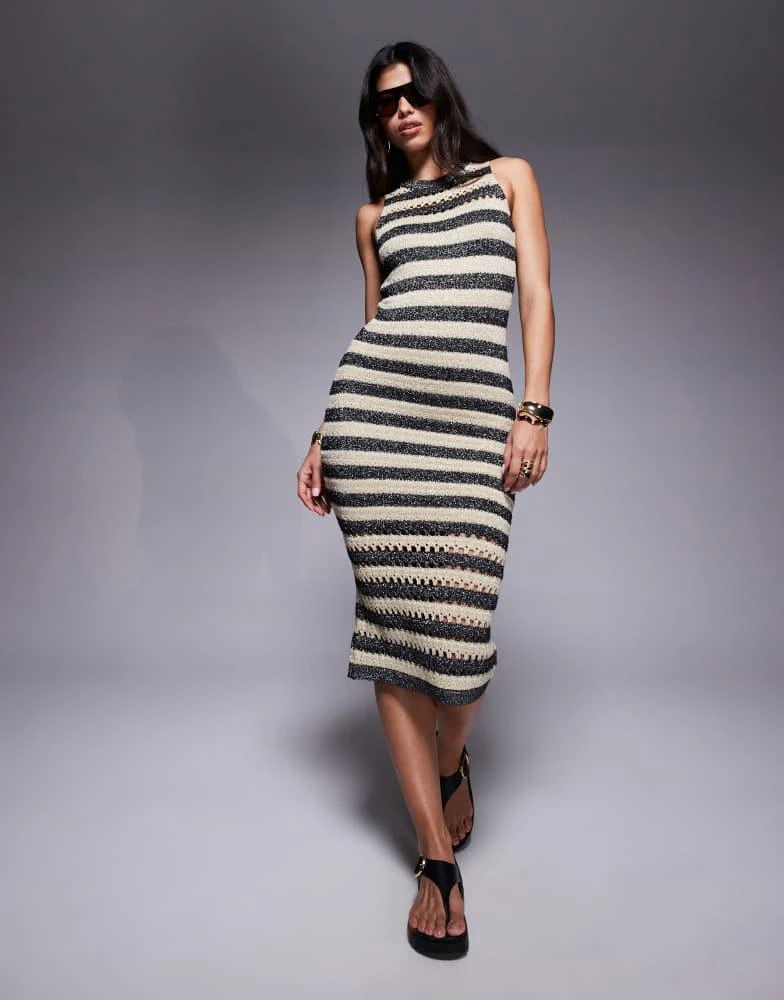 River Island River Island crochet midi dress in silver stripe 1