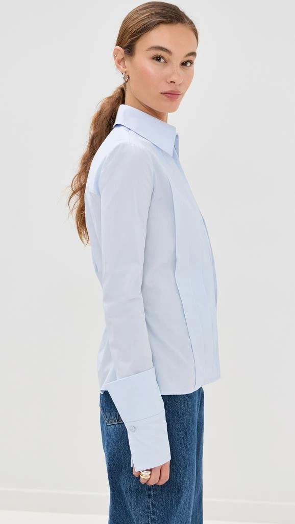 LaQuan Smith Fitted Button Down with Peplum and Pleated Shoulder with Exagerated Cuff 3