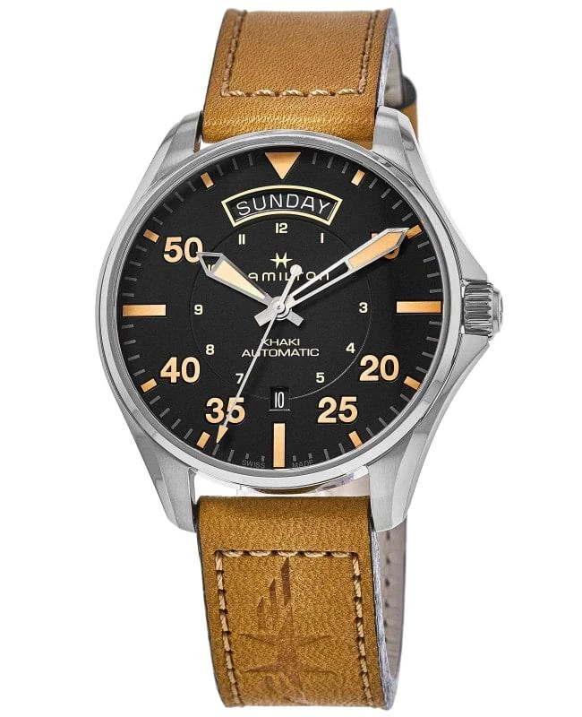 Hamilton Hamilton Khaki Aviation Pilot Day Date Auto Black Dial Leather Strap Men's Watch H64645531 1