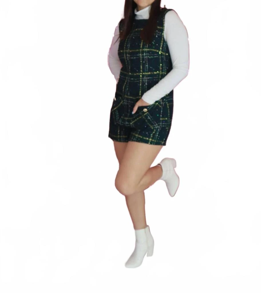 day + moon Plaid Tweed Romper With Tinsel In Green 3