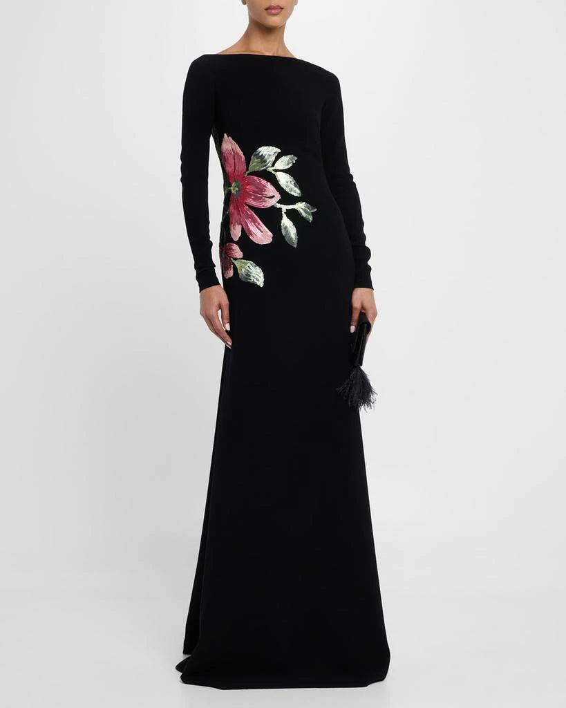 Naeem Khan Floral Beaded Crepe Long-Sleeve Trumpet Gown 4