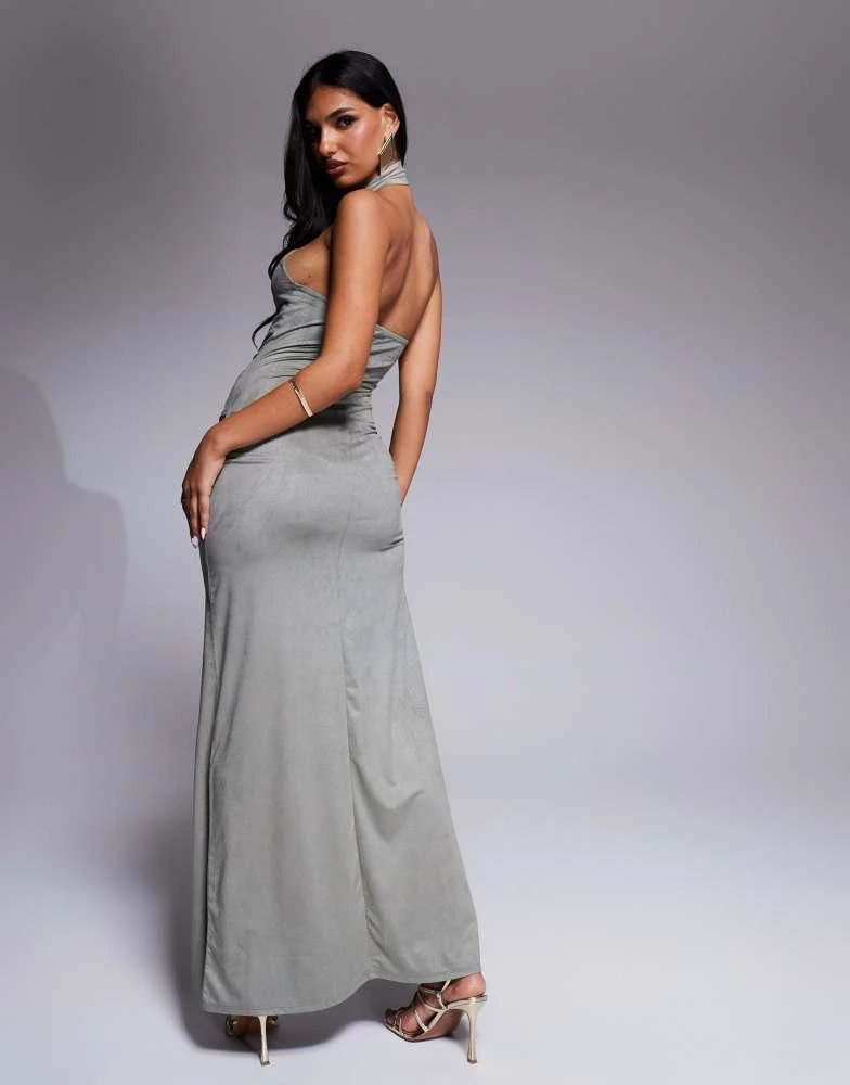 ASOS ASOS DESIGN faux suede knot detail halter maxi dress in grey 3