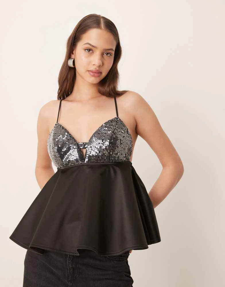 ASOS ASOS DESIGN sequin bust with peplum cami top in black 2