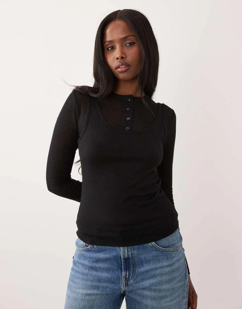 ASOS ASOS DESIGN sheer ribbed long sleeve double layer top in black