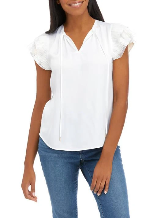 Anne Klein Klein Womens Short Sleeve Ruffle Sleeve Tie Blouse 1