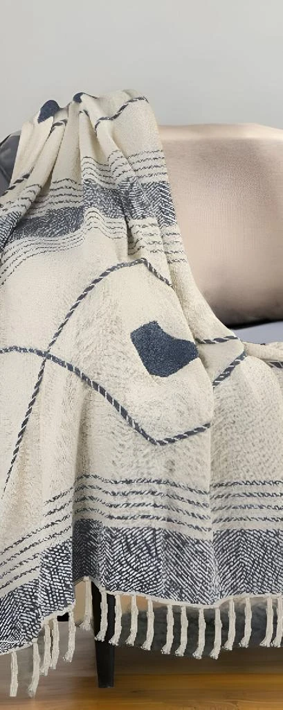 Hivvago 60" X 50" Blue and Off White Woven Cotton Striped Throw Blanket with Fringe 2
