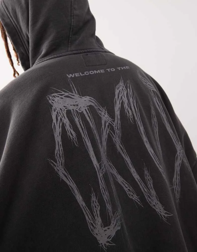 PacSun Pacsun graphic zip through hoodie in washed  black 3