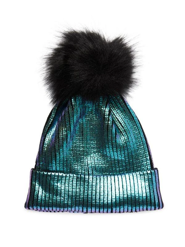 Adrienne Landau Faux Fur Pom Pom Metallic Beanie 1