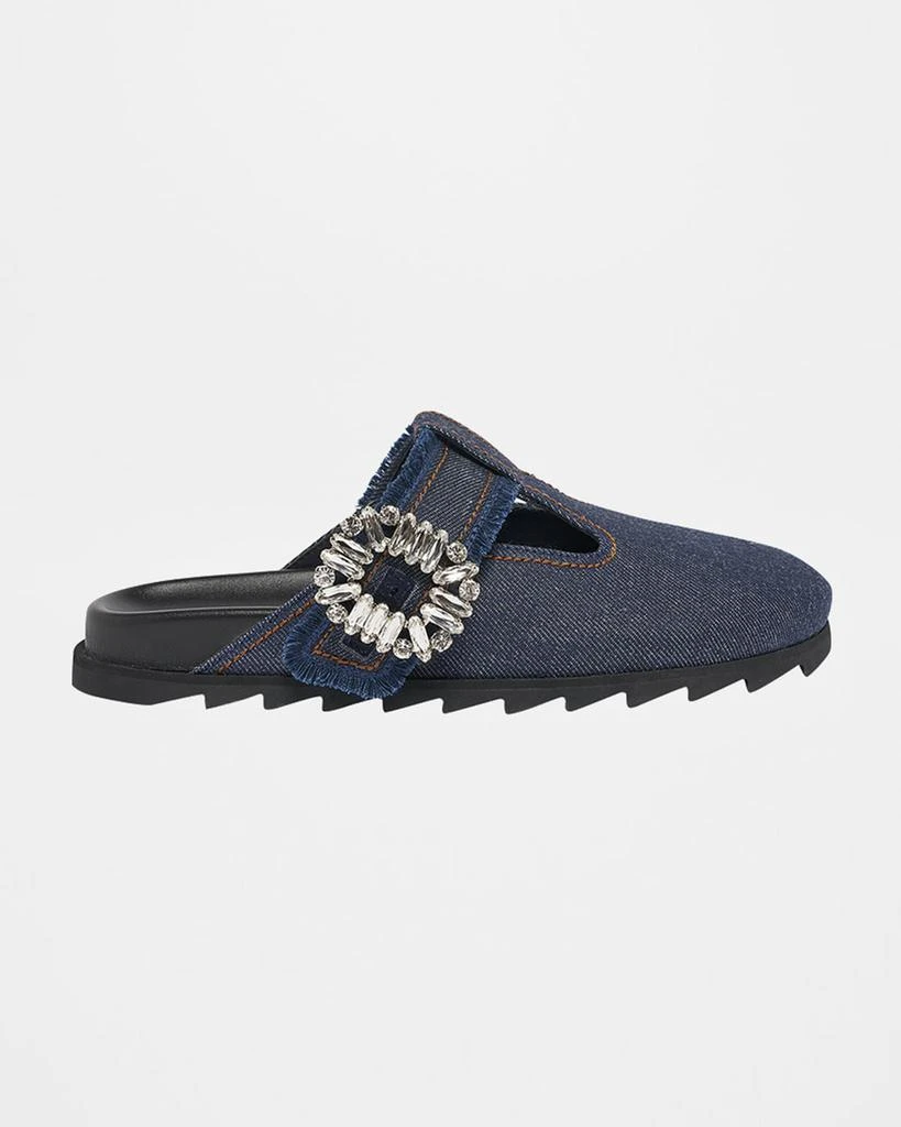 Roger Vivier Denim Crystal Buckle T-Strap Mule Clogs