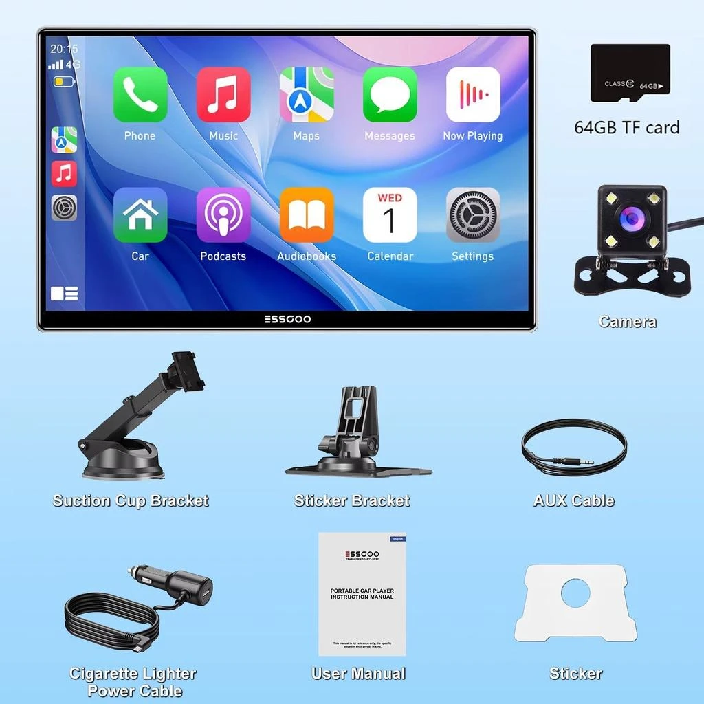 ESSGOO 9-Inch Touchscreen Portable Car Stereo with Wireless Apple CarPlay, Android Auto, USB, TF, Bluetooth, and Mirror Link Functionality with 64gb Tf Card and Camera