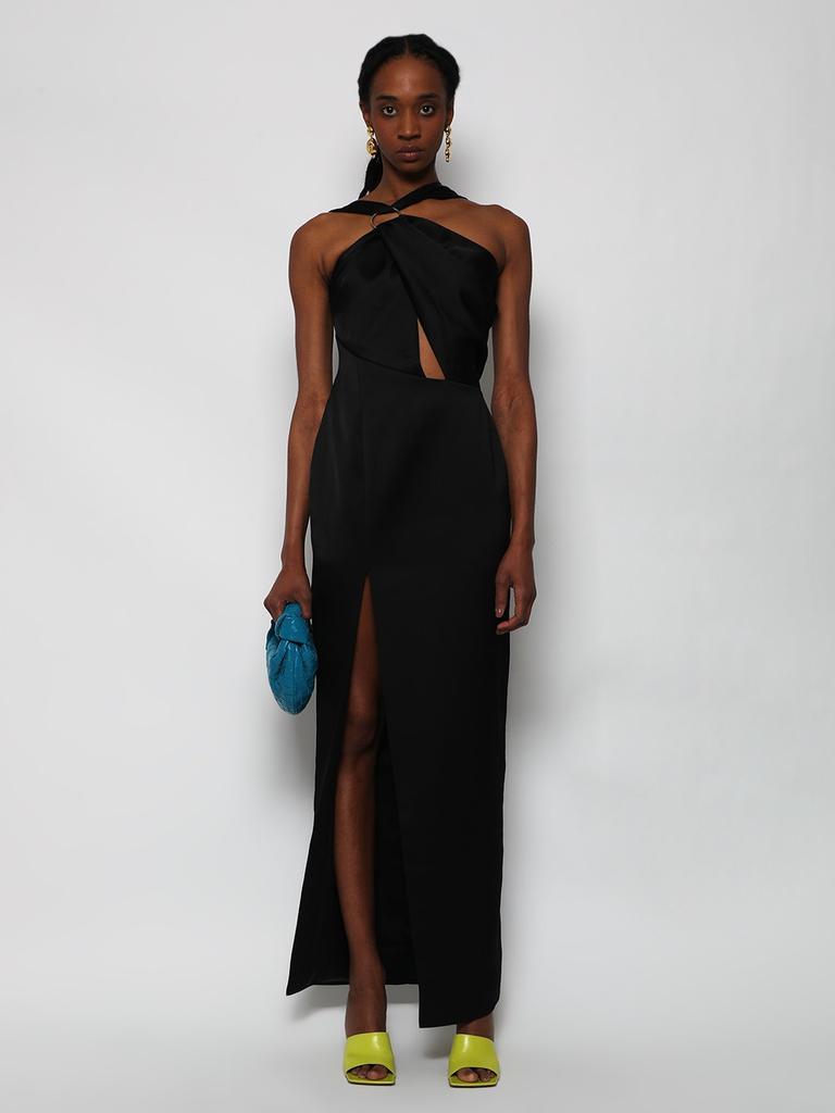 RASARIO Draped Satin Asymmetric Cut-out Gown With Ring