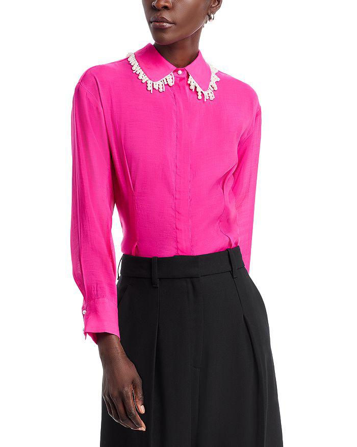 Gracia Faux Peal Trim Collar Top