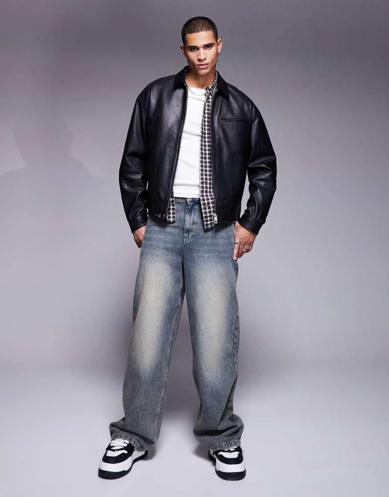 ASOS ASOS DESIGN Premium real leather harrington jacket with suede collar in black 2