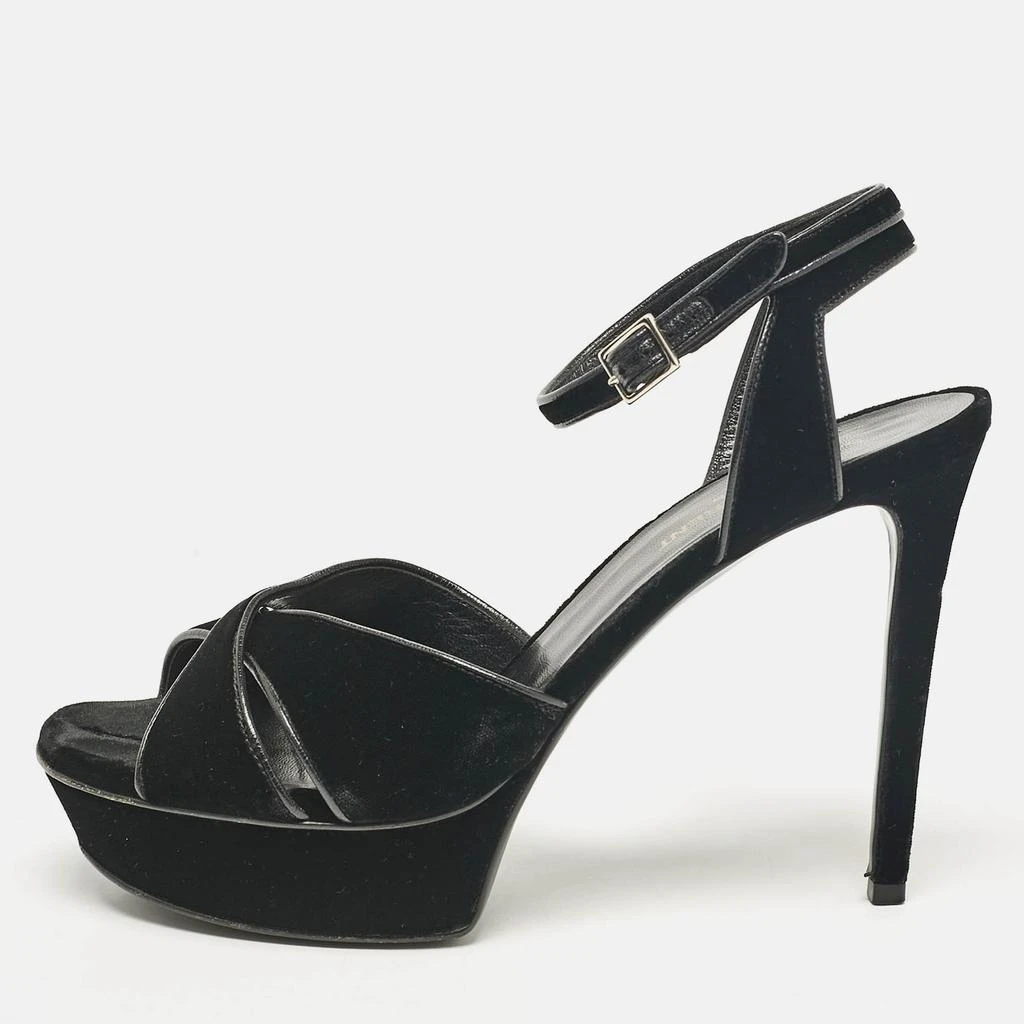 Shop Saint Laurent Black Velvet Bianca Ankle Strap Sandals Size 39