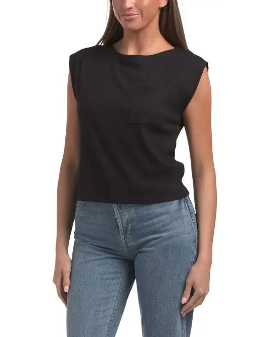 Tahari Pima Cotton Blend Extended Shoulder Wide Neck Top With Chest Pocket