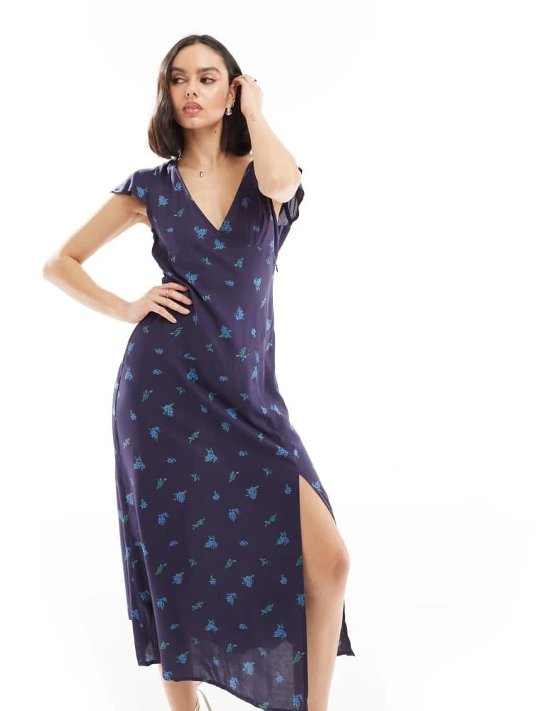 ASOS ASOS DESIGN v neck flutter sleeve midi tea dress in navy ditsy floral print 1