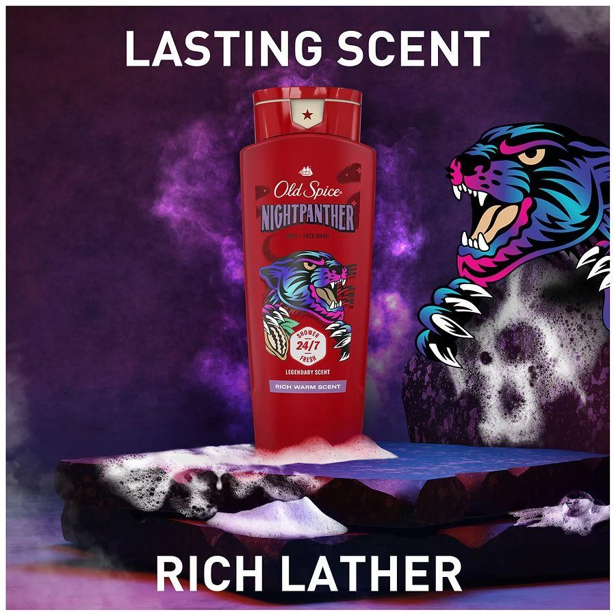 Old Spice Cleansing Body Wash for Men, 24/7 Shower Clean, 2 in 1 Face and Body Wash Rich Lather, Nightpanther, Rich Warm Scent 7