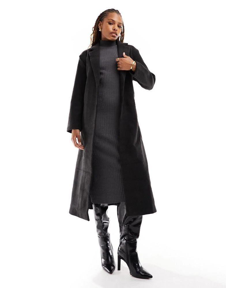 ONLY Only belted tailored wool look coat in dark grey melange 1
